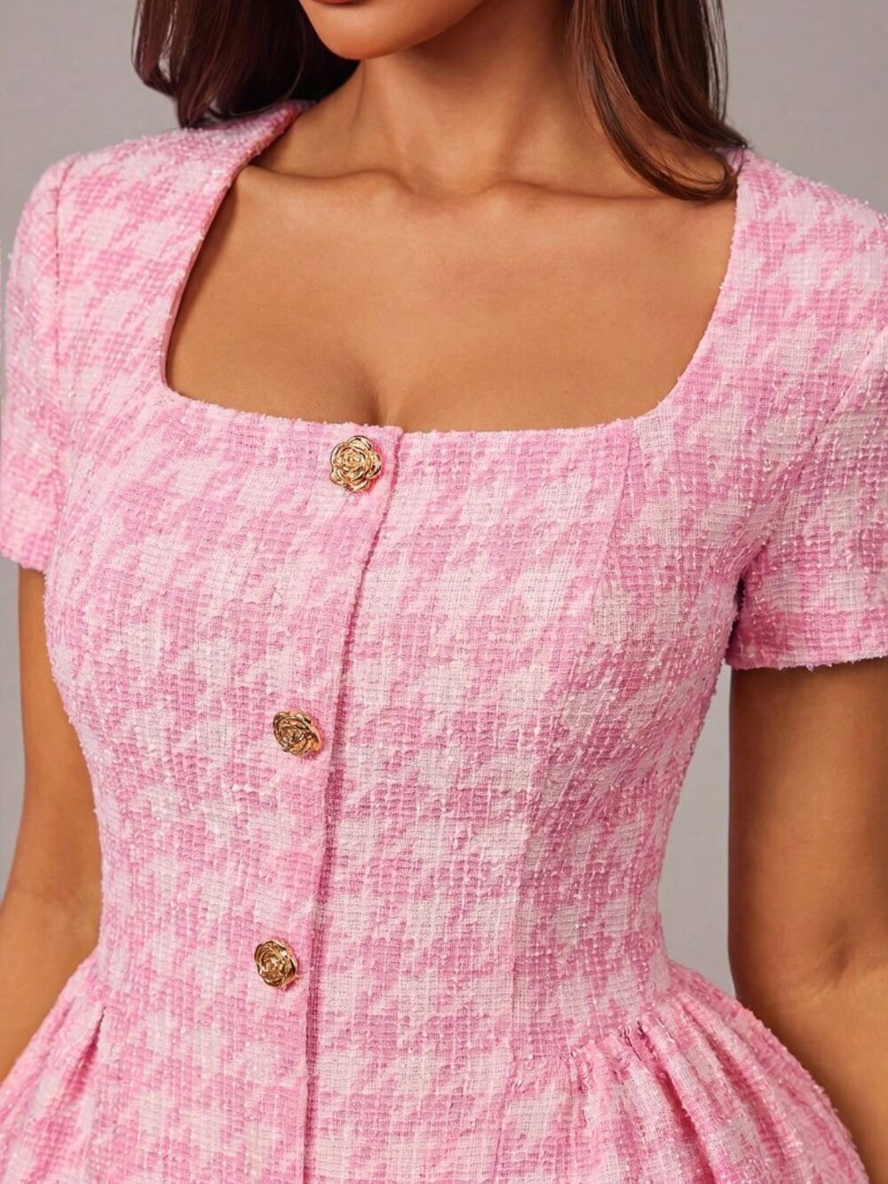 Pink Elegant Women's Mini A-Line Dresswith Metal Buckle, Tweed Plaid - Picture 6 of 6